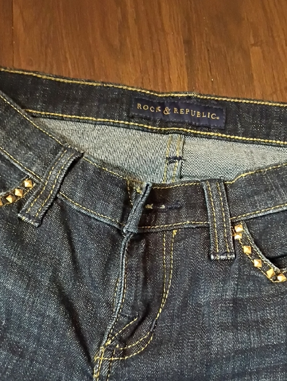 Rock & Republic Dark Blue Boot Cut Jeans with Gold Studs